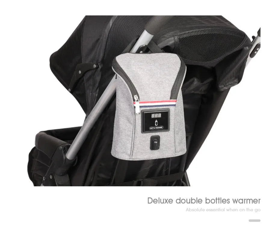 Grey Oxford cloth car USB baby bottle warmer with electronic temperature display and carry handle