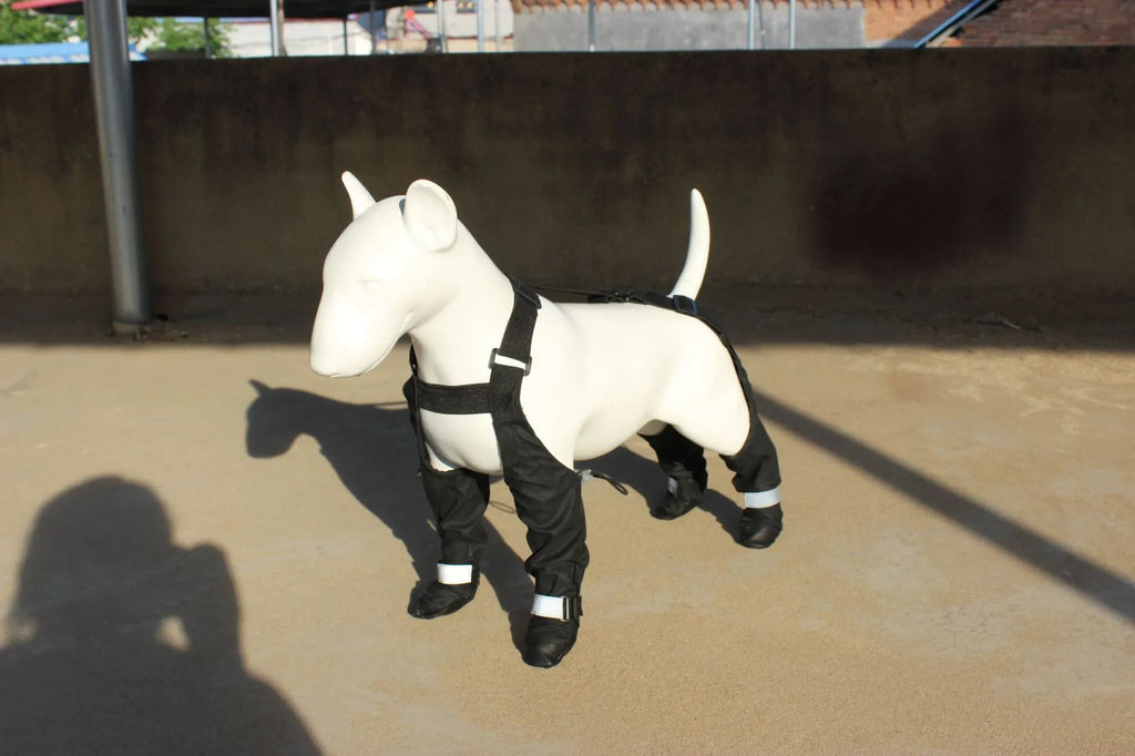 Black waterproof dog shoes with non-slip soles and an adjustable strap closure.