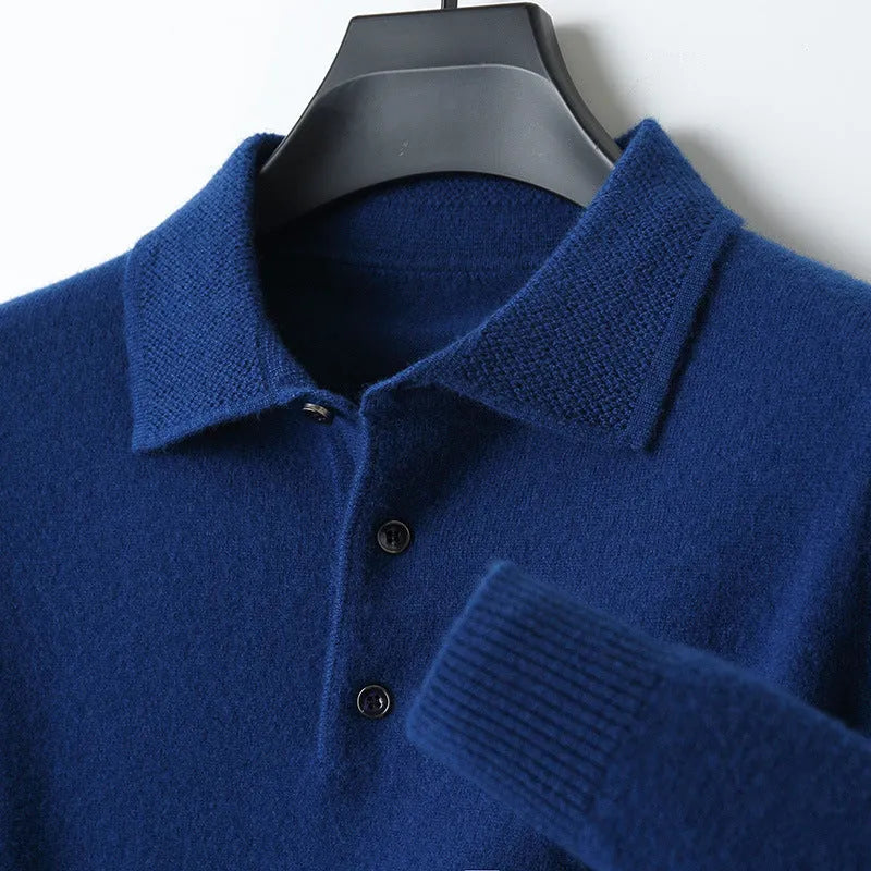 Men's grey wool pullover sweater with a polo collar and long sleeves, showing textured collage stitching.