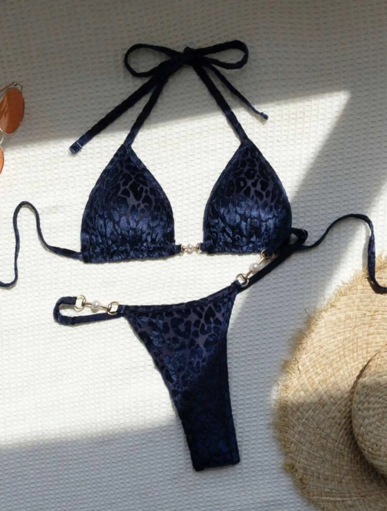 Women's leopard print bikini set with T-back design in multiple colour variations