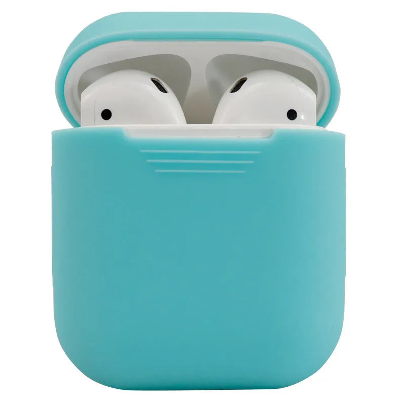 Silicone protective case for AirPods 2nd generation wireless earbuds in various colours showing 56x47x24mm dimensions