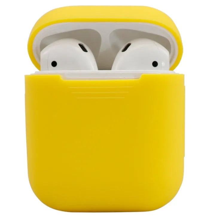 Silicone protective case for AirPods 2nd generation wireless earbuds in various colours showing 56x47x24mm dimensions