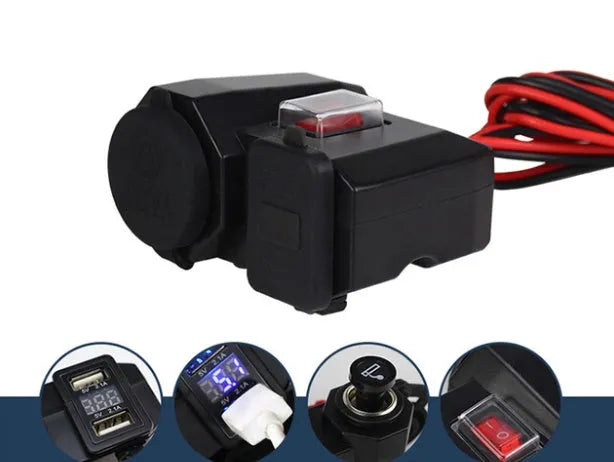 Black dual USB waterproof motorcycle charger with voltmeter mounted on handlebar