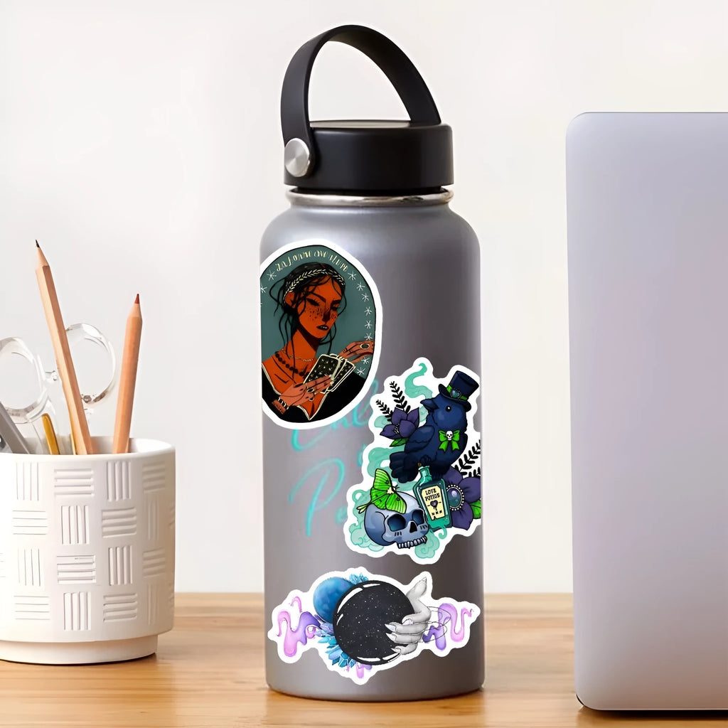 Assortment of 50 glossy waterproof PVC stickers in sizes from 3 to 8 centimetres.
