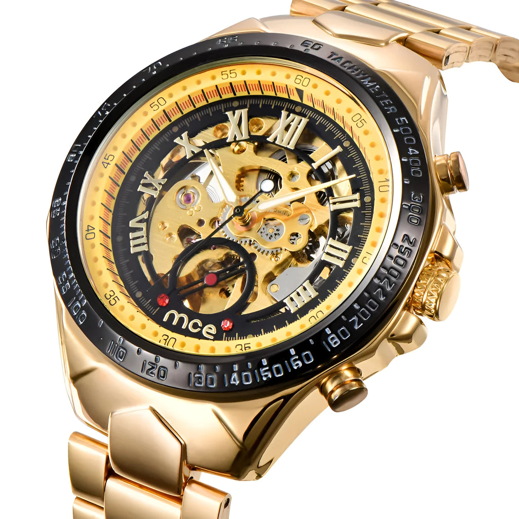 MCE men's explosion-proof mechanical watch on wrist, showing one of four available colour options.