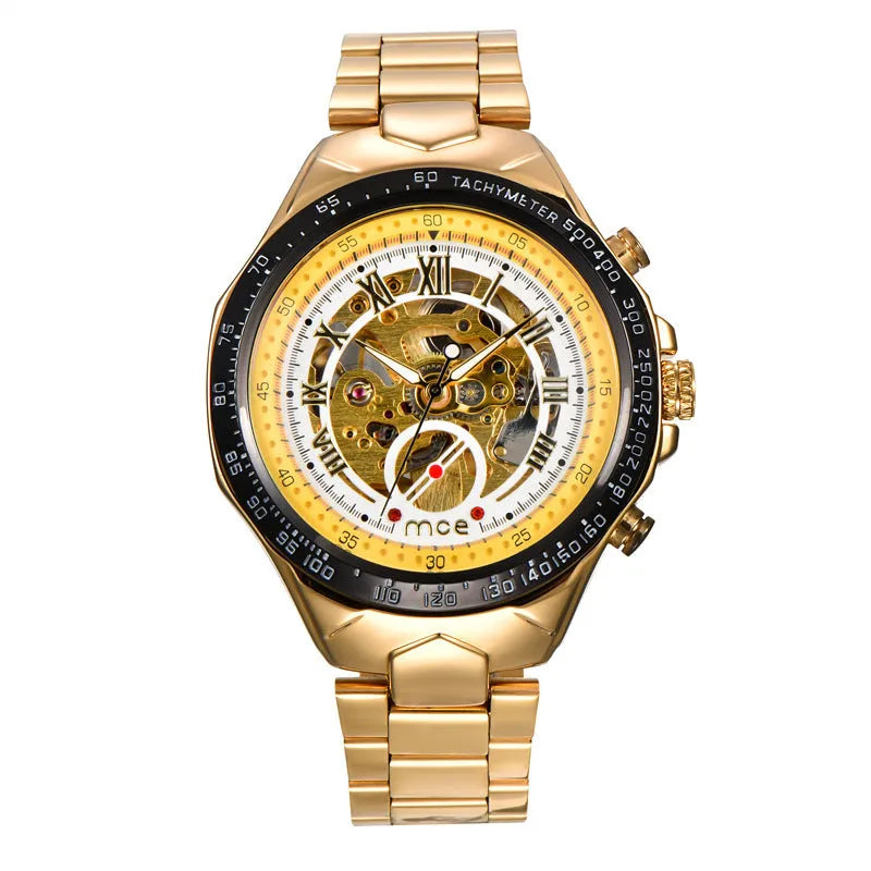 MCE men's explosion-proof mechanical watch on wrist, showing one of four available colour options.
