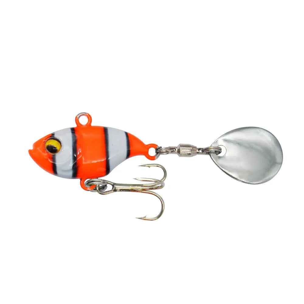 Metal sea fishing lure with rotating sequins shown in multiple colour options including zebra orange and gold.