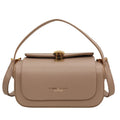 Women's personalised PU messenger bag with letter detailing in beige, shown from the front.