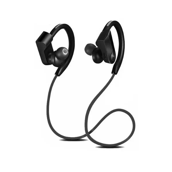 Black wireless neckband Bluetooth earphones with earbuds and USB charging cable