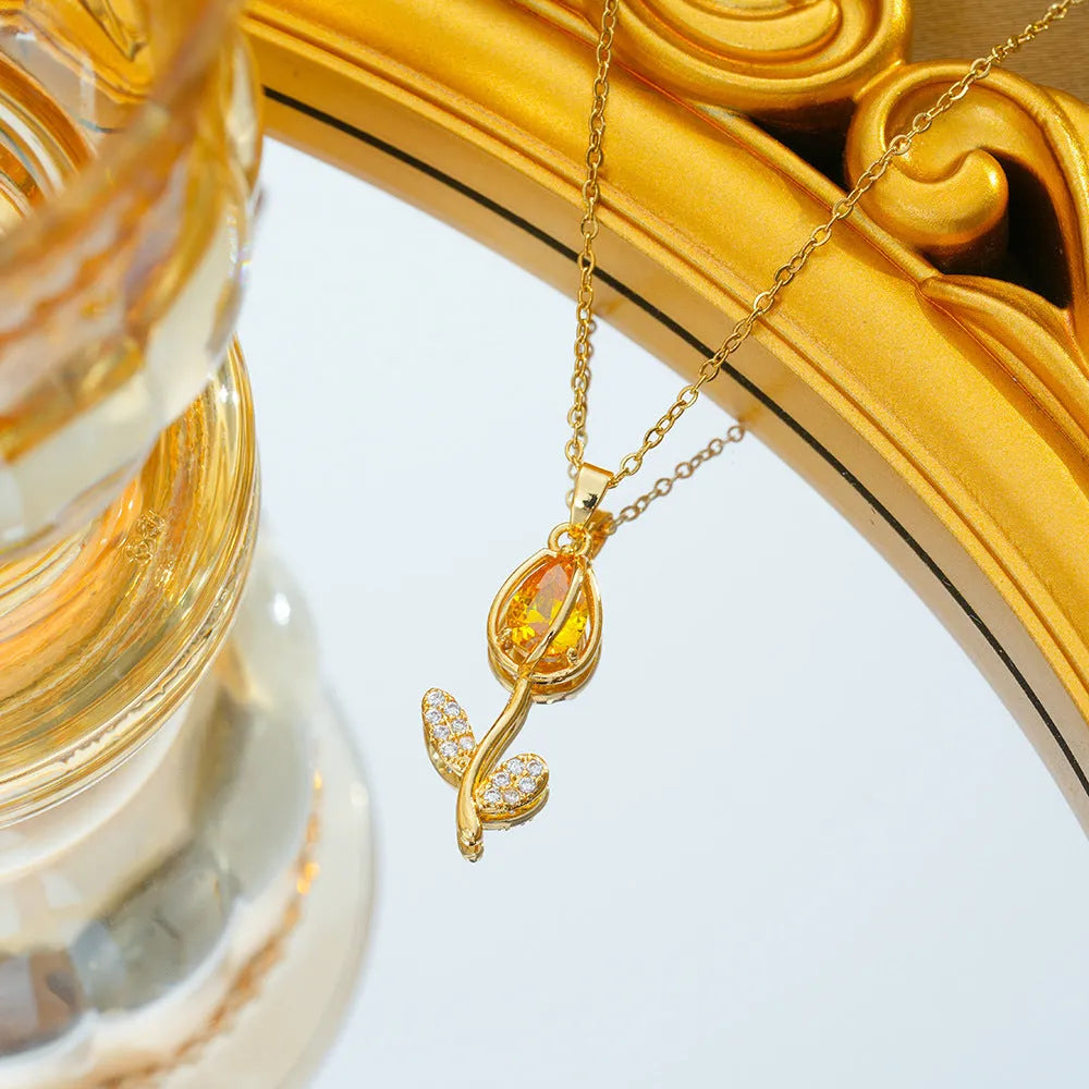 Zircon tulip necklace with adjustable titanium steel chain and copper-plated gold pendant