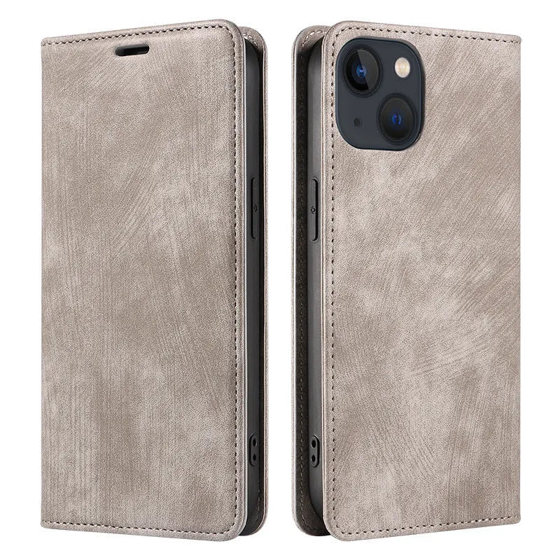 Magnetic leather and TPU flip phone case for iPhone shown in black, blue, and brown colours.
