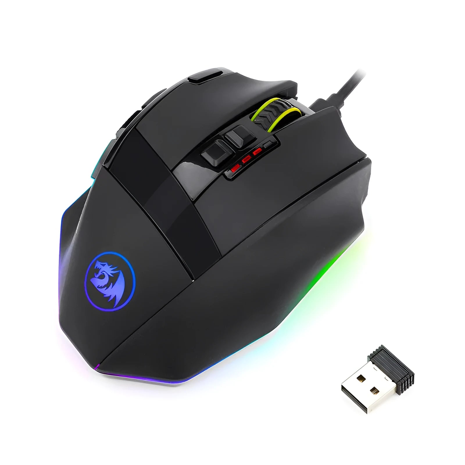 Black Redragon M801P wireless gaming mouse with nine buttons and ergonomic right-handed shape