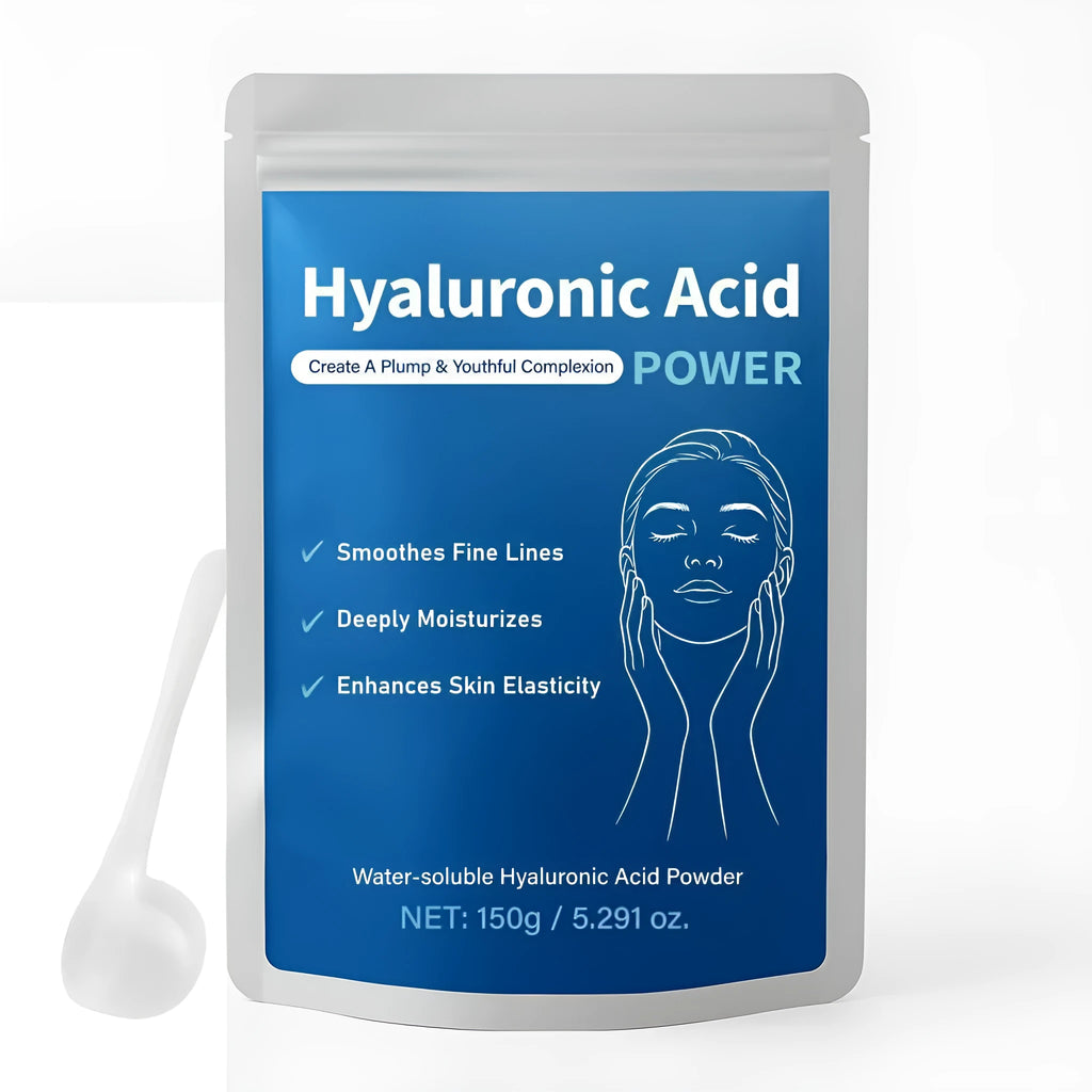 Container of pure hyaluronic acid powder with 150G net content for skin care and supplementation