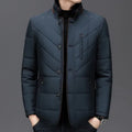 Men's solid colour short winter coat with side pockets, shown in dark blue, wine red, or dark green.
