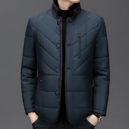 Men's solid colour short winter coat with side pockets, shown in dark blue, wine red, or dark green.
