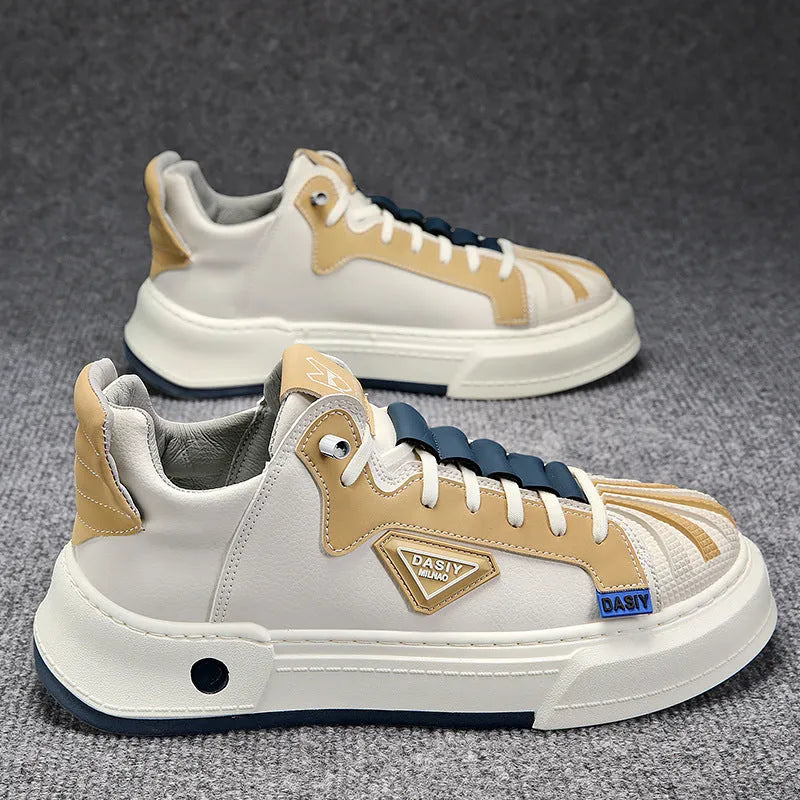 Men's beige and black casual sneakers with elastic band fastening and round toe design