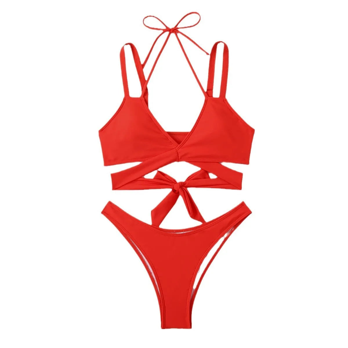 Women's solid colour strappy bikini swimsuit on a hanger, shown in briefs style.