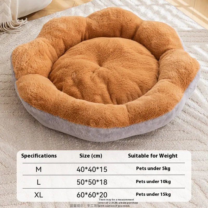 Round rabbit plush cat bed in brown grey colour showing detachable design