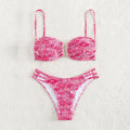 Women's high-waist floral bikini swimsuit in rose red with matching bra and briefs.
