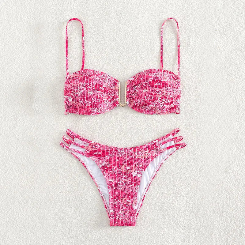 Women's high-waist floral bikini swimsuit in rose red with matching bra and briefs.