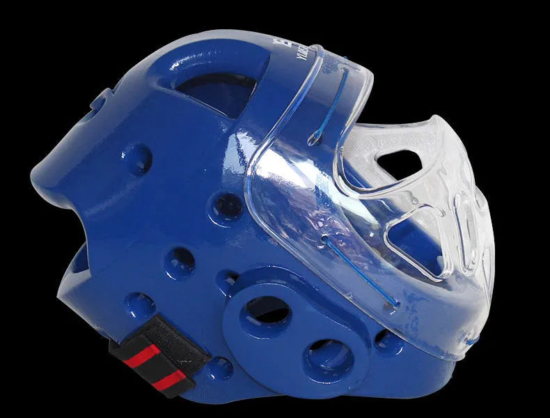 White, blue, and red karate boxing helmets for head protection in four sizes
