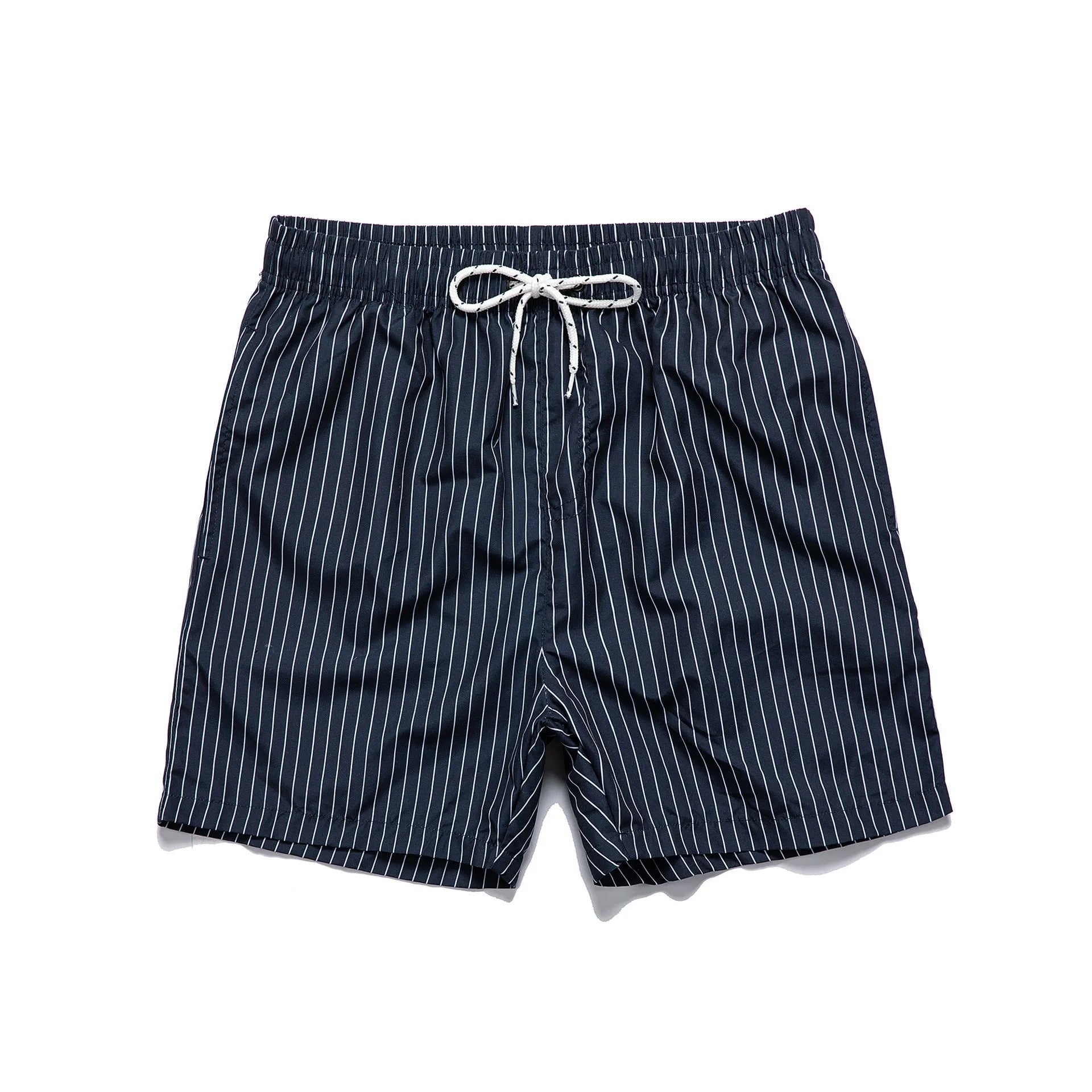 Polyester striped beach shorts with straight leg opening in navy blue, grey, khaki, or light blue colour options