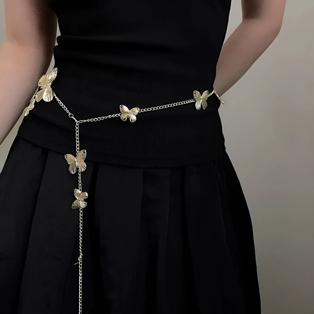 Gold butterfly waist chain belt 40cm wide alloy women's retro accessory