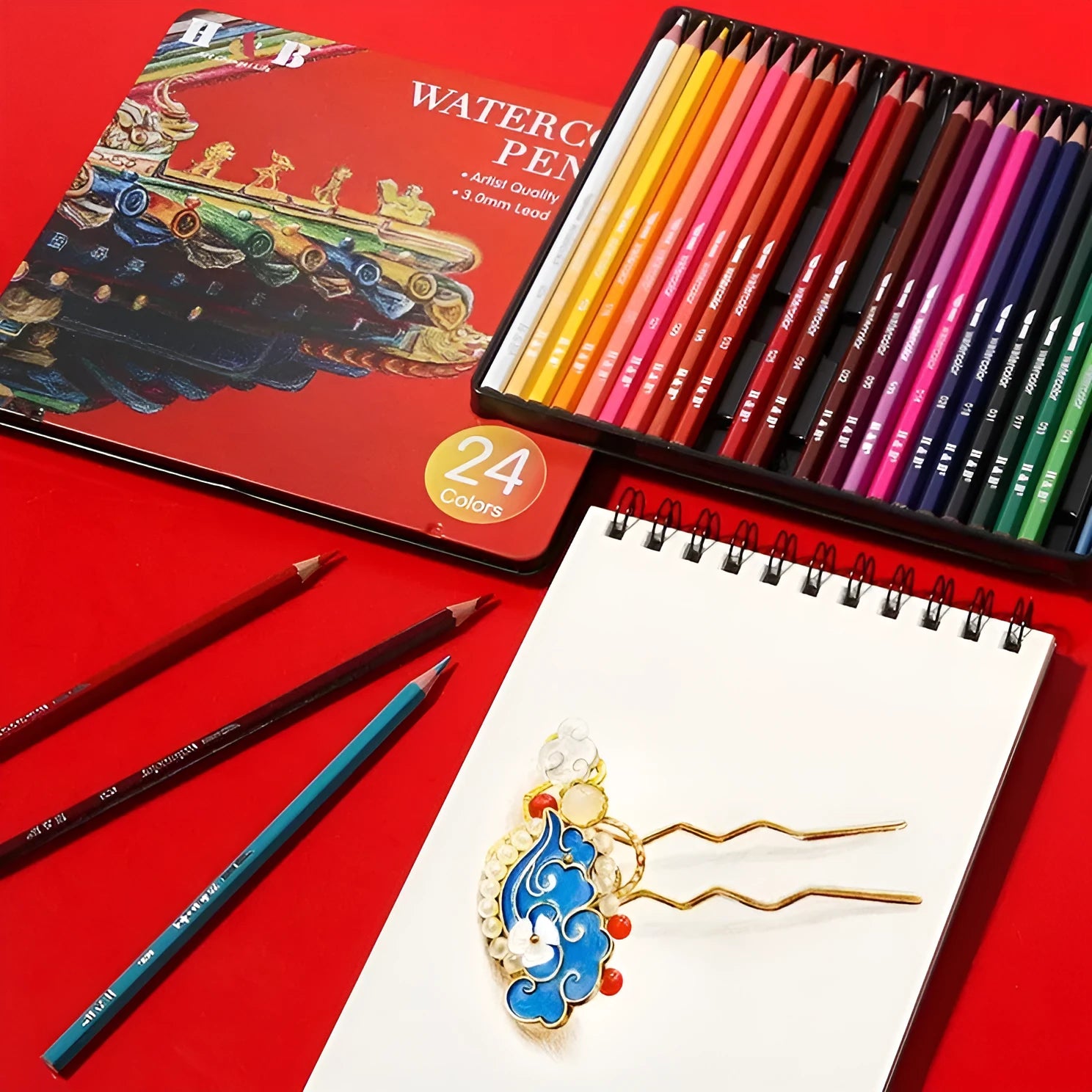 Water-soluble coloured pencils set of 24 colours in iron box with brush for drawing and painting