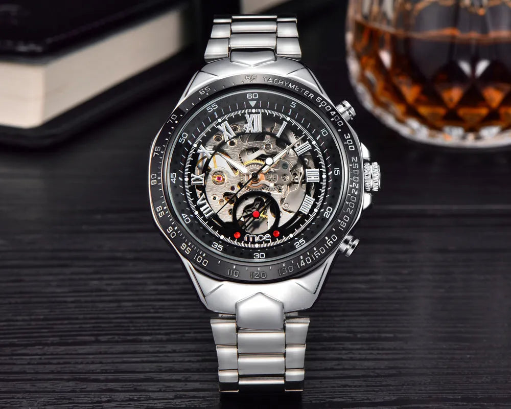 MCE men's explosion-proof mechanical watch on wrist, showing one of four available colour options.