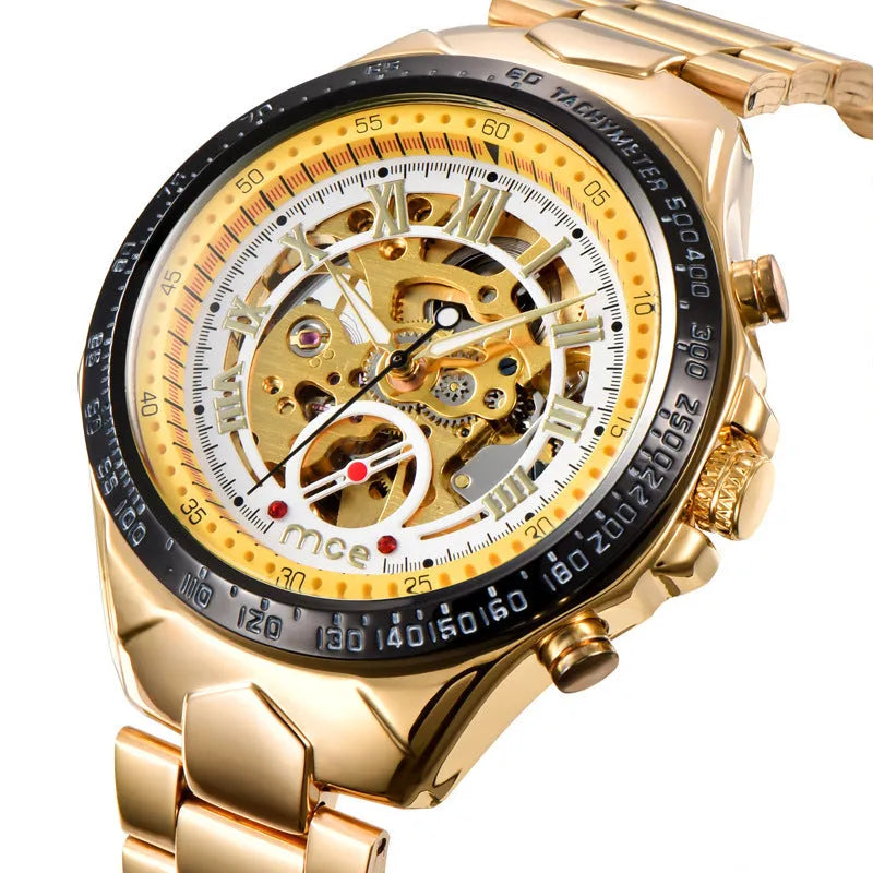 MCE men's explosion-proof mechanical watch on wrist, showing one of four available colour options.
