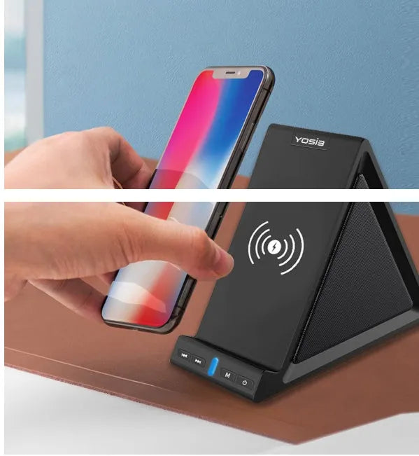 Black multifunctional Bluetooth speaker unit with integrated wireless charging pad and phone stand.