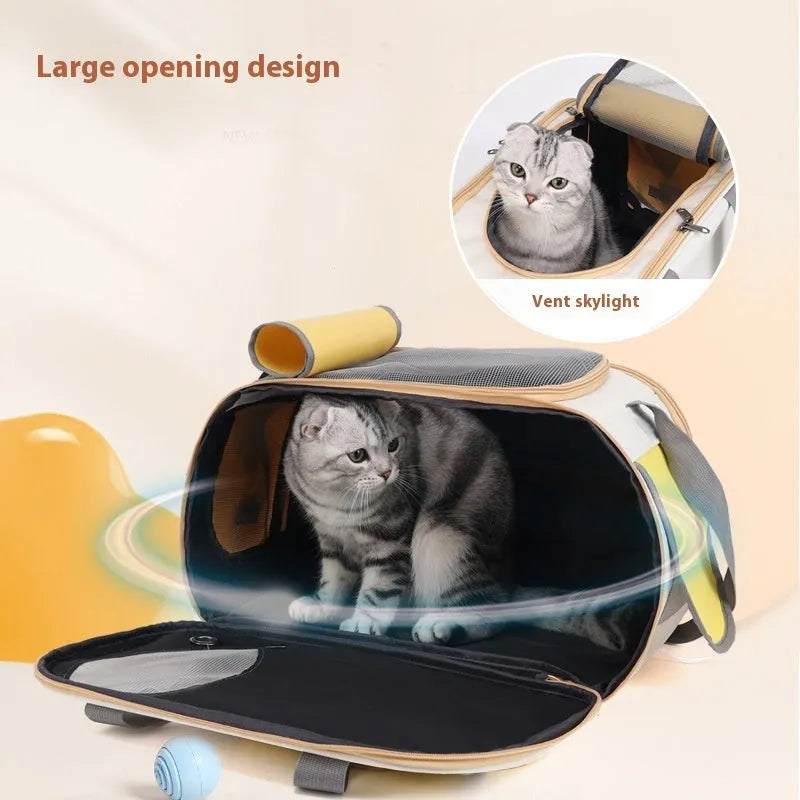 Yellow foldable canvas pet carrier backpack for cats and dogs with a single shoulder strap.