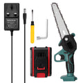 Black mini electric chainsaw with 4-inch chain, lightweight one-hand design on workbench