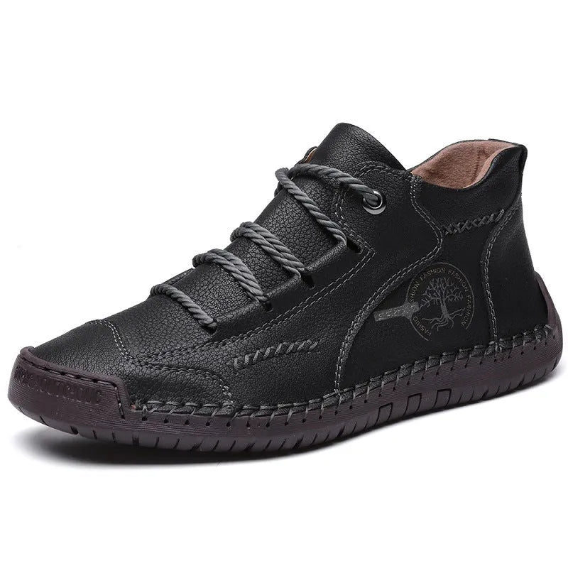 Men's high-top cowhide leather casual work boots round toe flat heel front lace-up solid colour
