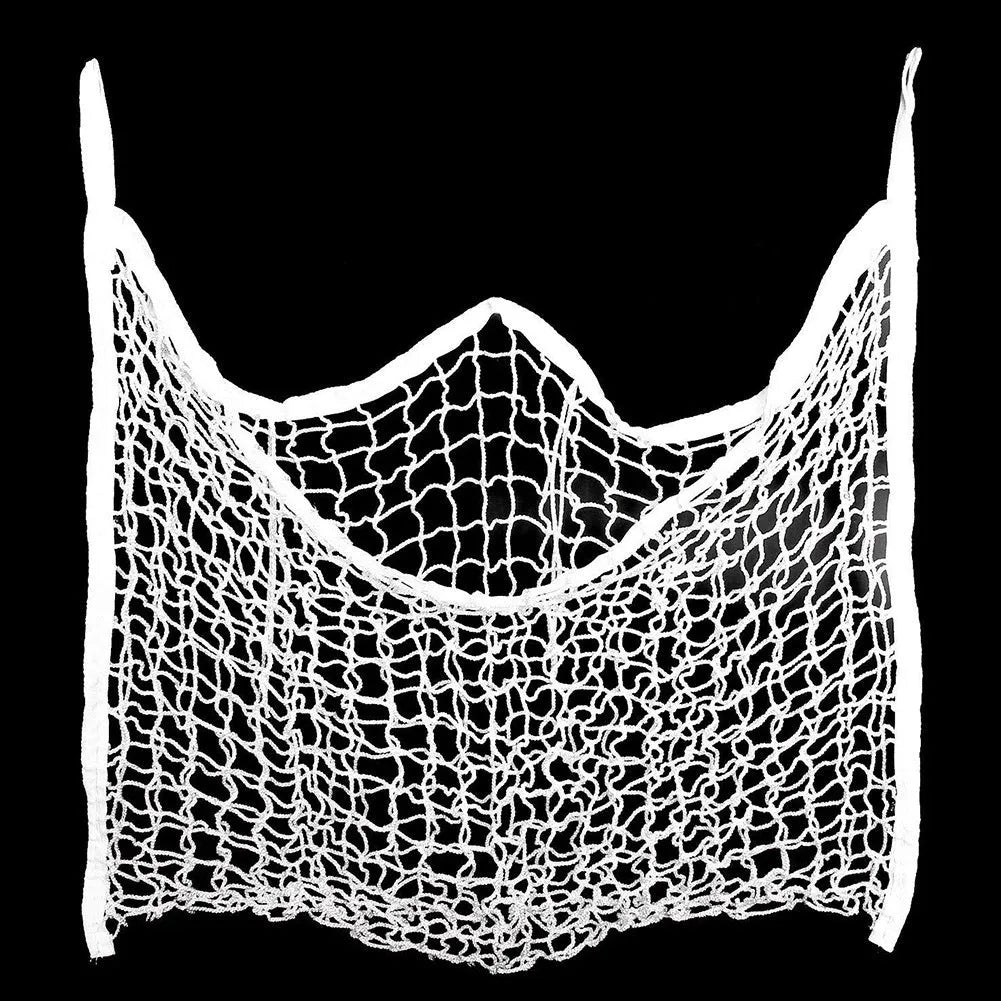 Woven PE rope mesh horse feeding bag hanging with hay inside, black colour shown