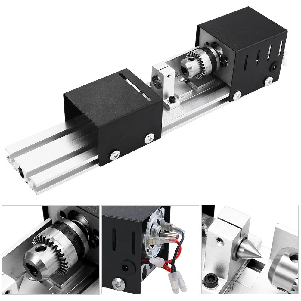Mini silver metal woodworking lathe with carving knives on benchtop for small-scale turning projects