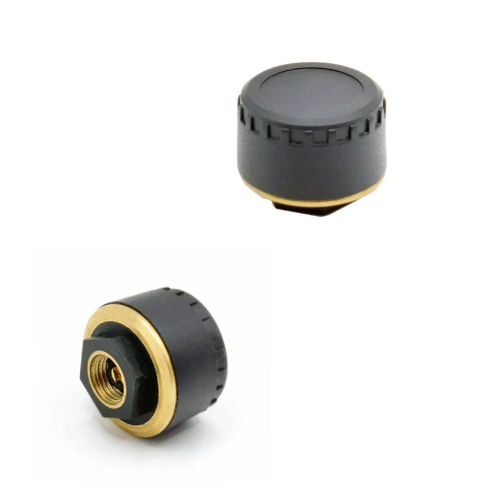 Four black Bluetooth tyre pressure sensors for mobile phone display with IP67 waterproof rating
