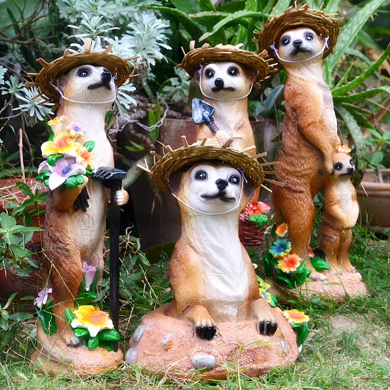 Three small straw hat mongoose garden ornaments: one with a baby, one holding a rake, one holding a shovel.