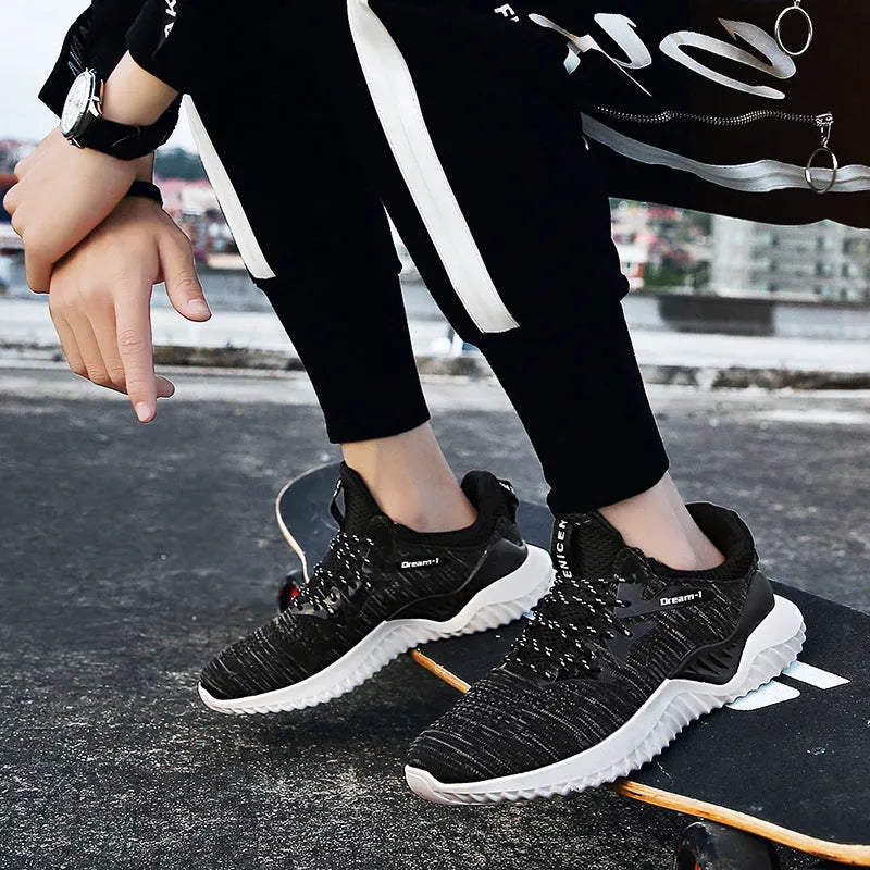Student breathable running shoes with front strap closure and mesh upper in multiple colour options