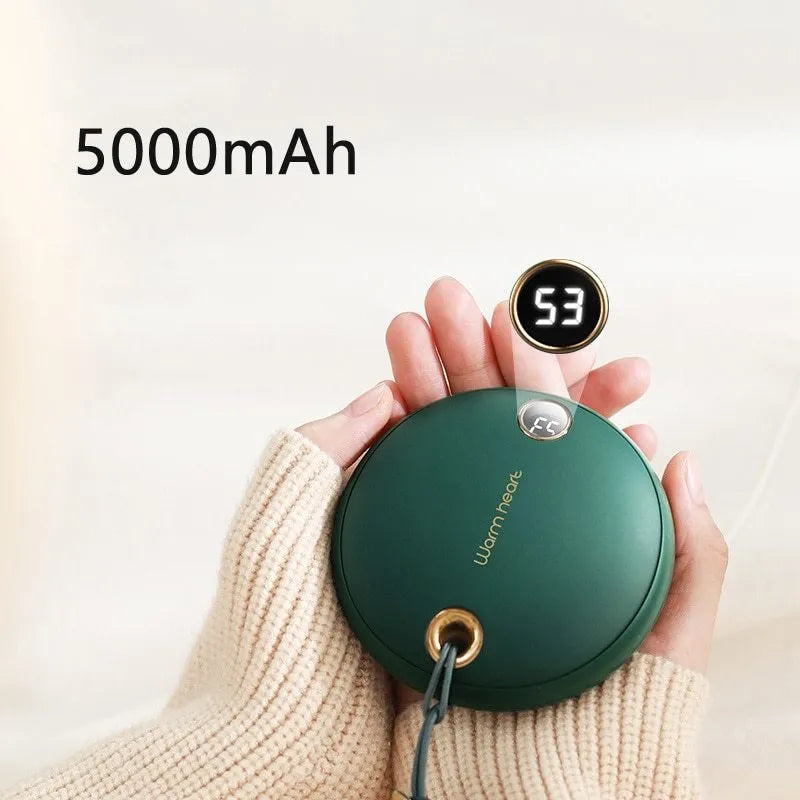 Green hand warmer power bank with digital display showing battery level, measuring 89.5mm with USB Type-C port