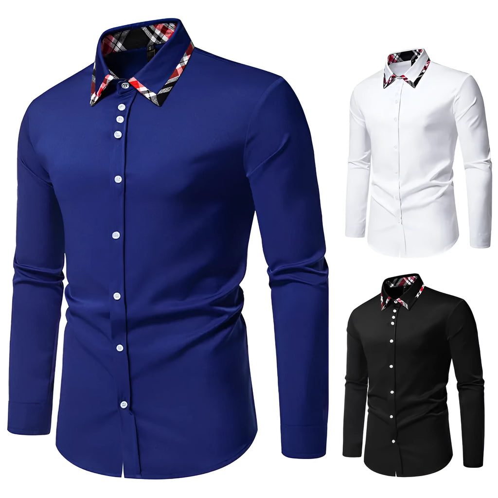 Men's plaid triangle collar long sleeve shirt in polyester blend available in multiple colours