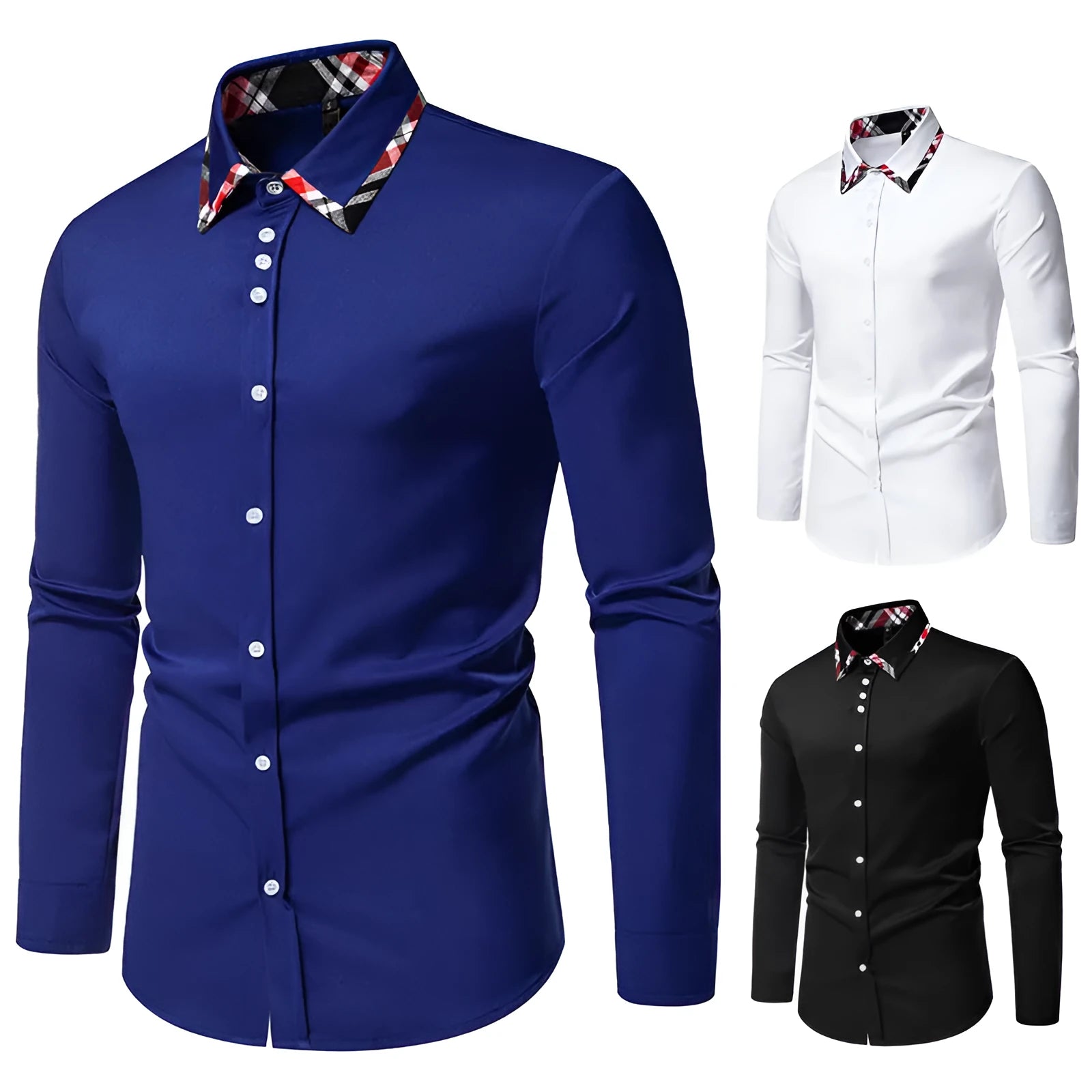 Men's plaid triangle collar long sleeve shirt in polyester blend available in multiple colours