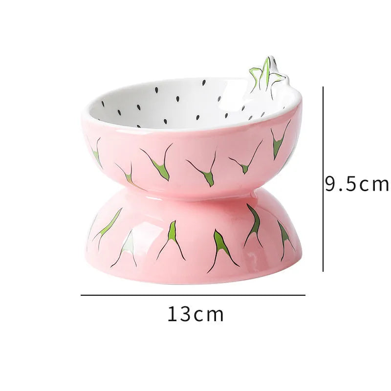 Ceramic raised cat bowl with tilted surface and anti-slip base in orange, pitaya, or watermelon pattern
