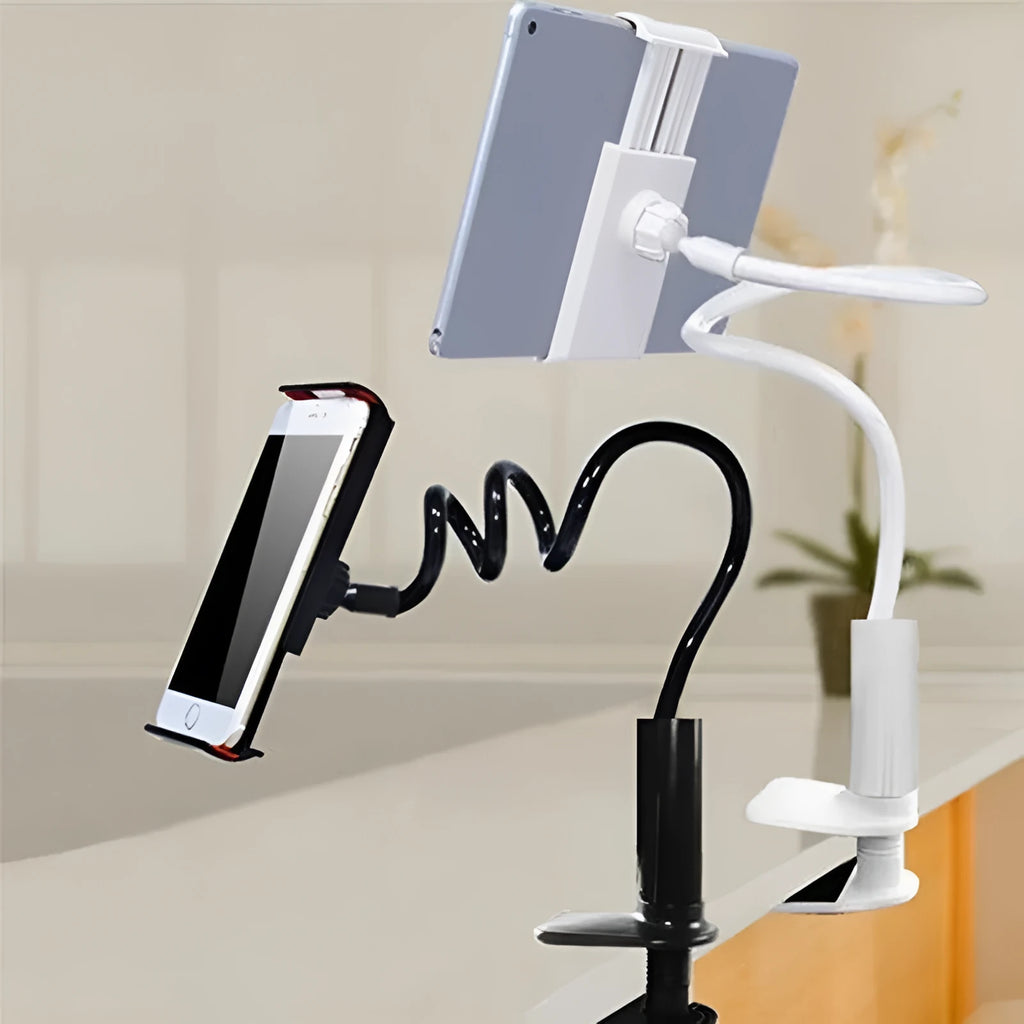 Black and white flexible mount holder with suction base and adjustable arm for smartphones and tablets