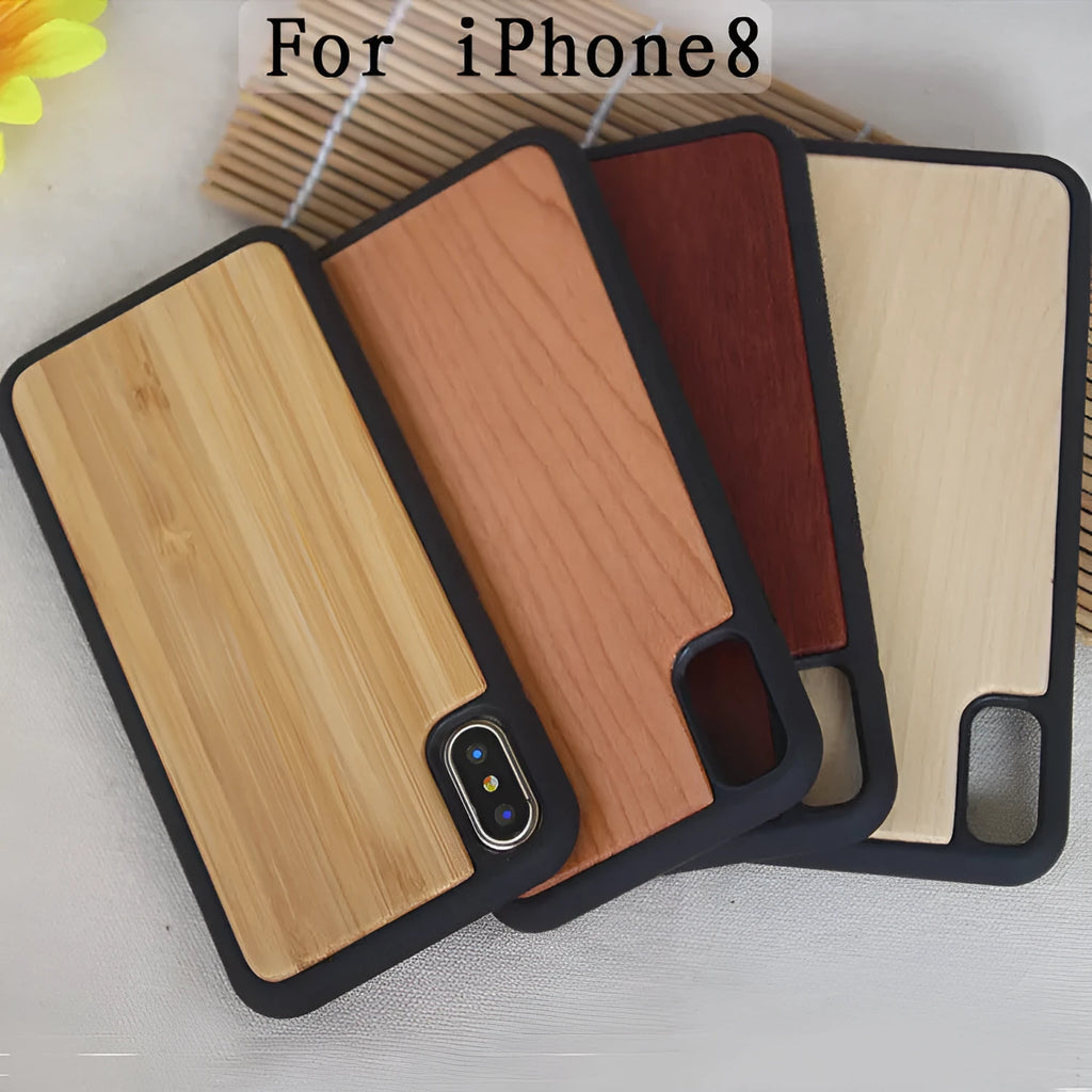 Wooden hybrid phone case with a carbonised bamboo back and black TPU bumper for iPhone.