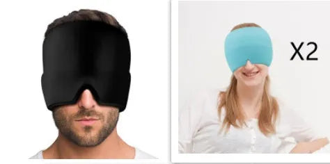 Black reusable gel ice mask for eyes and forehead on a white background