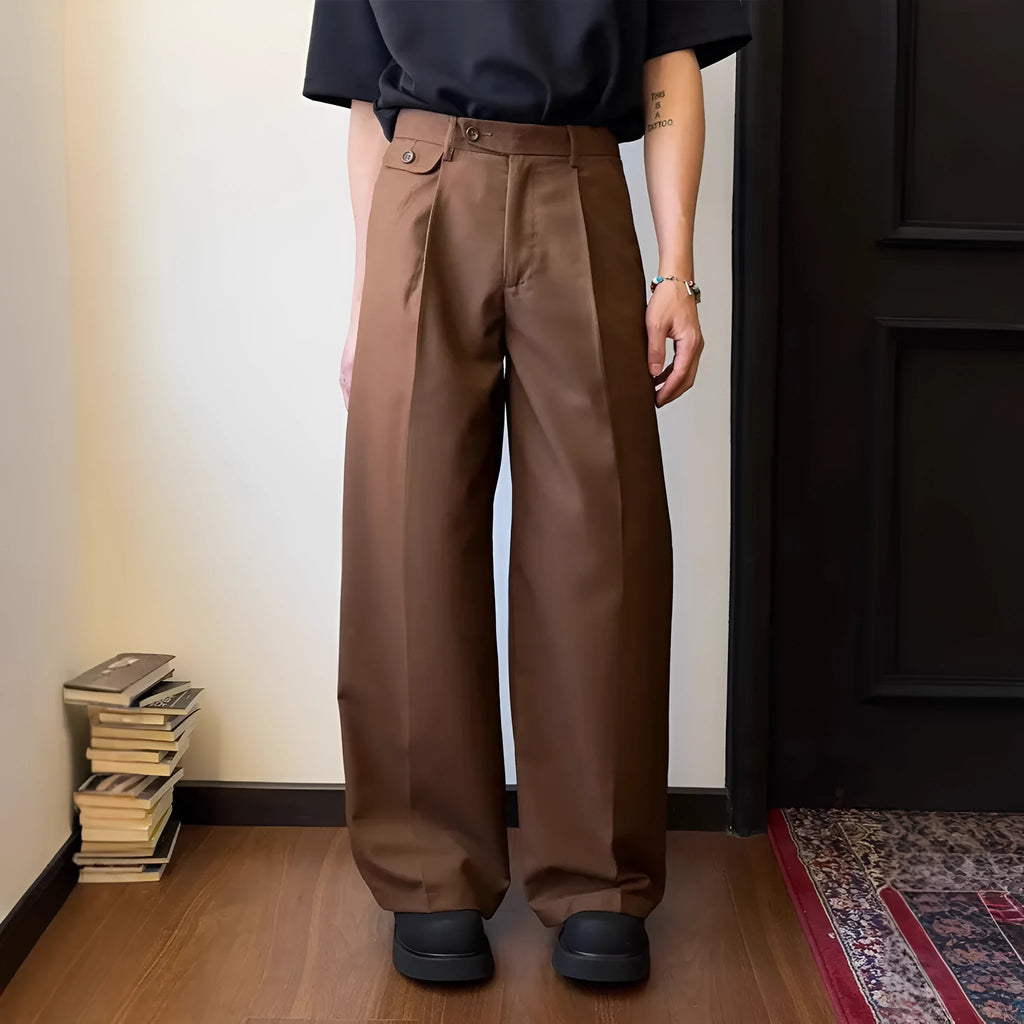 Men's straight-leg loose wide-leg trousers in chemical fibre blend fabric available in brown or black