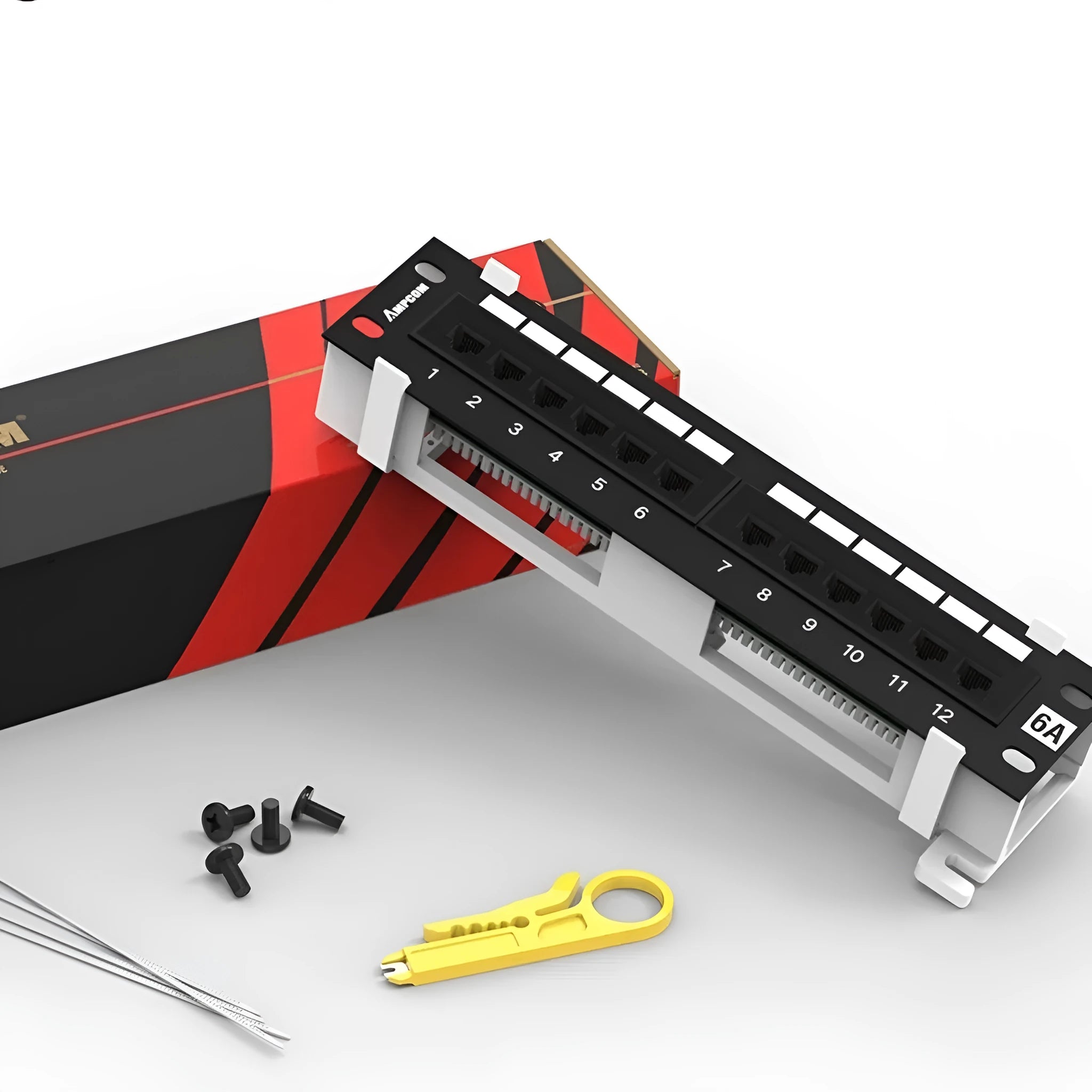 Black 12-port network distribution frame with cold rolled steel construction and included installation accessories