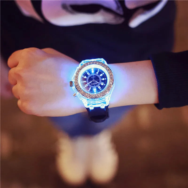 Women's LED luminous quartz watch with round 43mm dial on a silicone strap