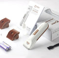 White electric pet hair clipper with ceramic blade for grooming dogs and cats.